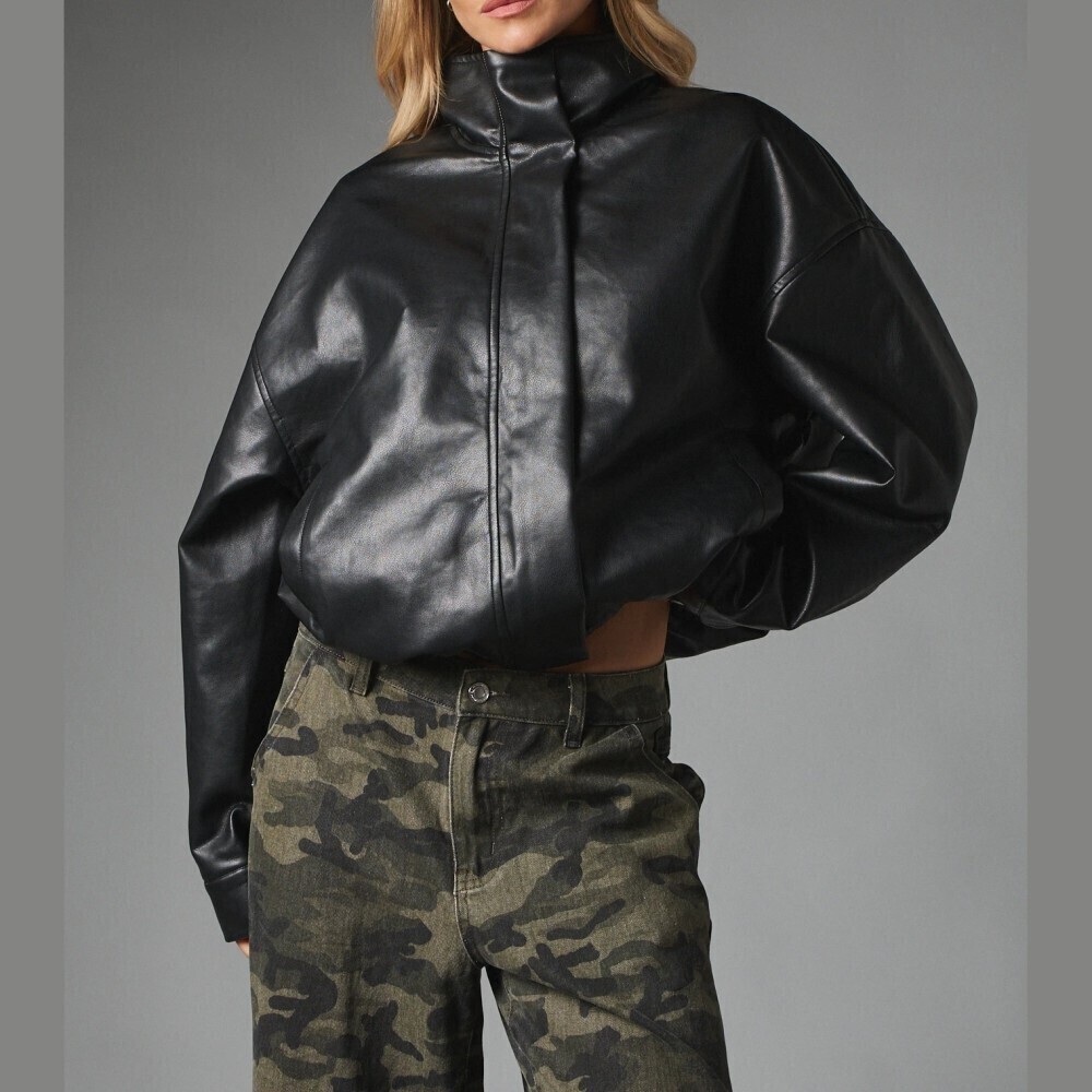 Black Faux Leather Funnel Neck Oversized Cropped Aviator Bomber Jacket